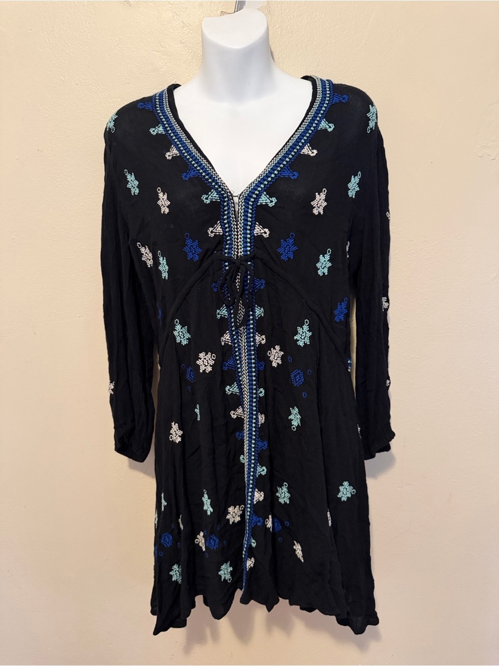 Free People Black Long-Sleeve Embroidered Tunic Dress with Blue & Mint Accents